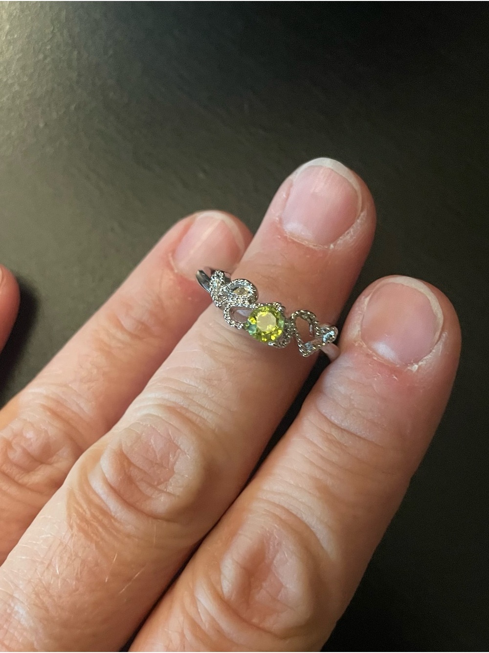 Silver Heart Vine Ring with Yellow-Green Gem